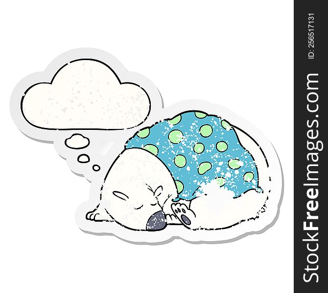 cartoon polar bear sleeping and thought bubble as a distressed worn sticker