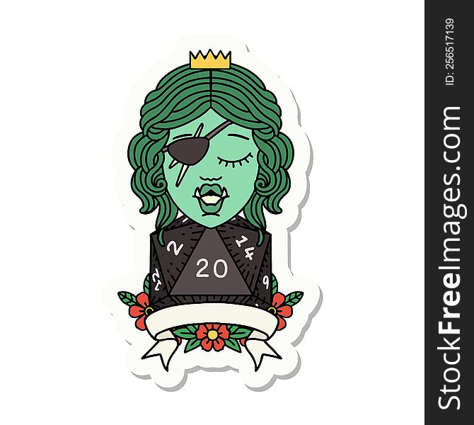 sticker of a half orc rogue character with natural twenty dice roll. sticker of a half orc rogue character with natural twenty dice roll