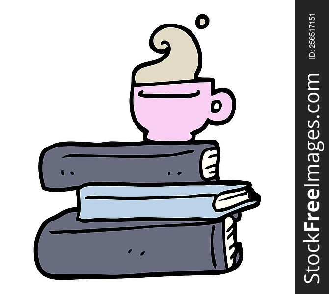 Hand Drawn Doodle Style Cartoon Books And Cup Of Coffee