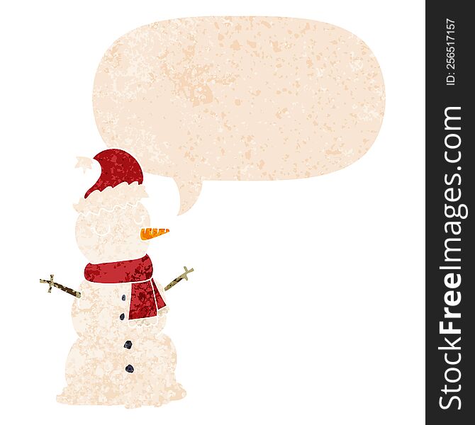 Cartoon Snowman And Speech Bubble In Retro Textured Style