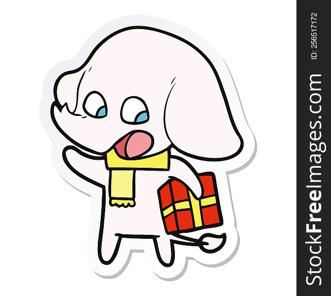 Sticker Of A Cute Cartoon Elephant With Christmas Present