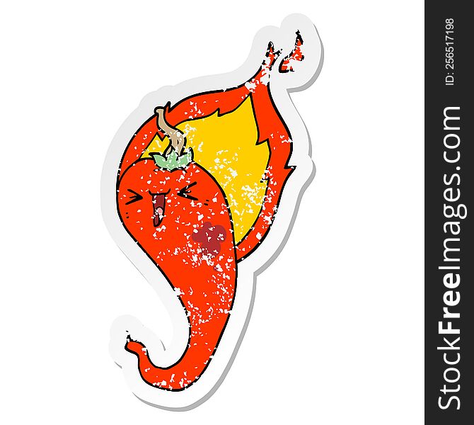 distressed sticker of a cartoon flaming hot chili pepper