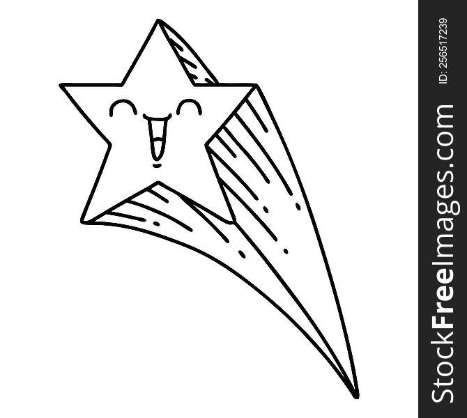illustration of a traditional black line work tattoo style shooting star