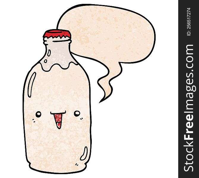 cute cartoon milk bottle with speech bubble in retro texture style
