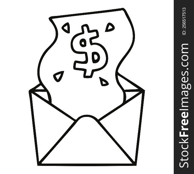 line drawing quirky cartoon dollar in envelope. line drawing quirky cartoon dollar in envelope
