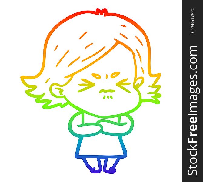 rainbow gradient line drawing of a cartoon angry girl