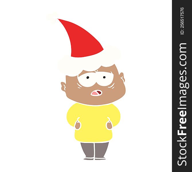 hand drawn flat color illustration of a tired bald man wearing santa hat
