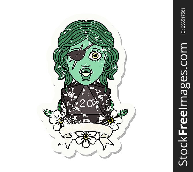 grunge sticker of a half orc rogue character with natural twenty dice roll. grunge sticker of a half orc rogue character with natural twenty dice roll