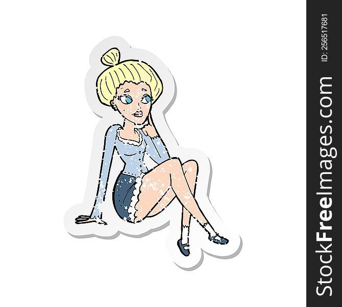 retro distressed sticker of a cartoon attractive woman sitting thinking