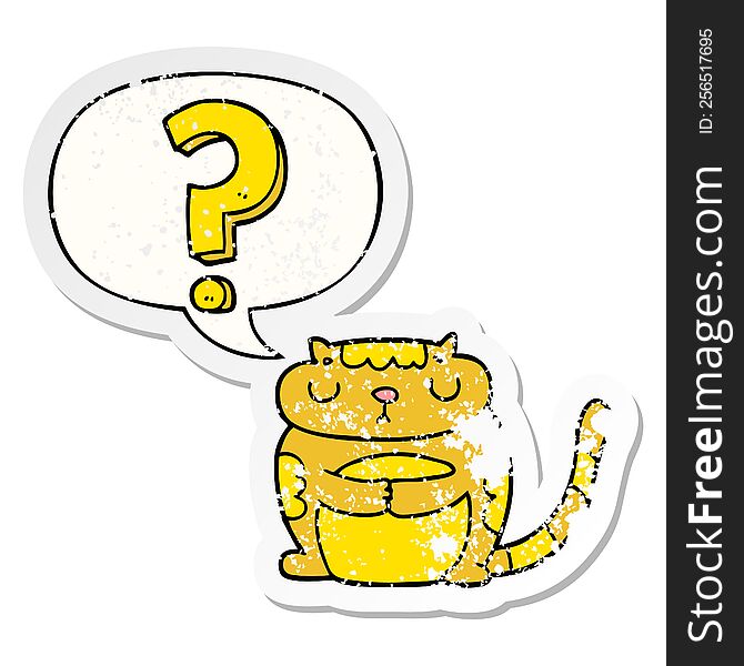 Cartoon Cat And Question Mark And Speech Bubble Distressed Sticker