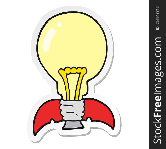 sticker of a cartoon lightbulb rocket ship