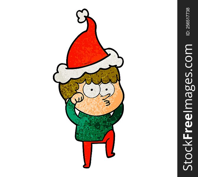 textured cartoon of a curious boy rubbing eyes in disbelief wearing santa hat
