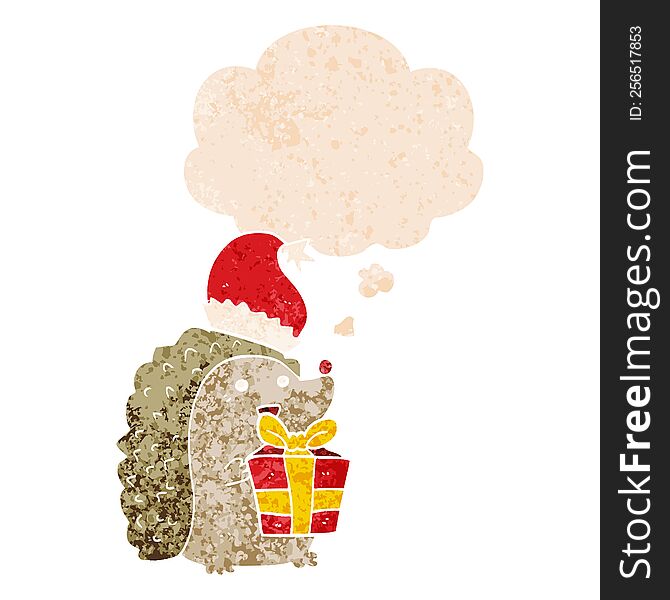 Cartoon Hedgehog Wearing Christmas Hat And Thought Bubble In Retro Textured Style