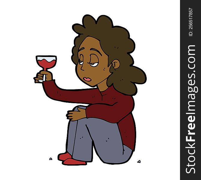 Cartoon Unhappy Woman With Glass Of Wine