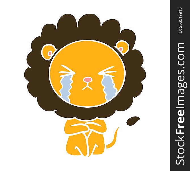 Flat Color Style Cartoon Crying Lion Sitting Huddled Up
