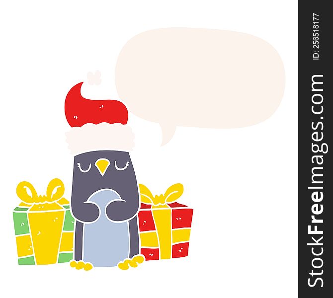 Cute Christmas Penguin And Speech Bubble In Retro Style