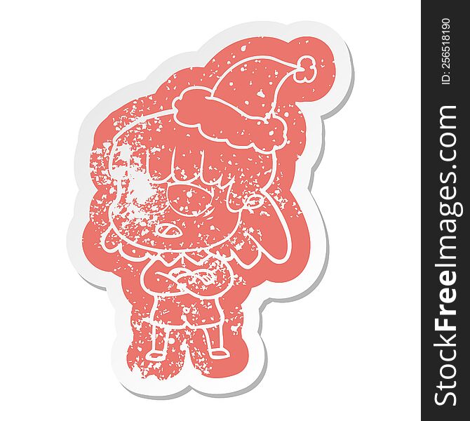 quirky cartoon distressed sticker of a tired woman wearing santa hat