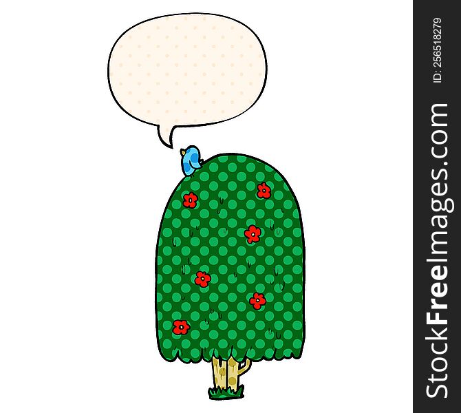 cartoon tall tree with speech bubble in comic book style