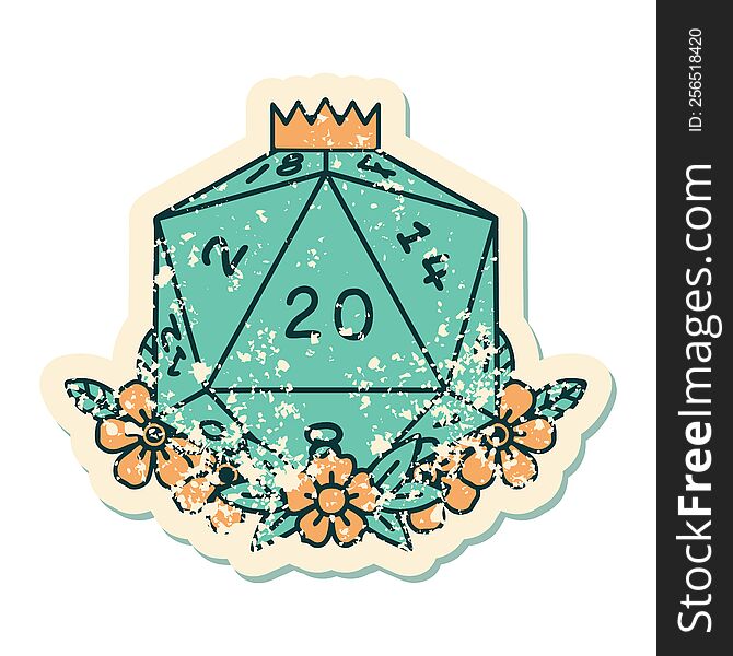 natural 20 D20 dice roll with floral elements illustration