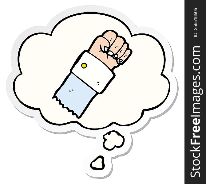 cartoon raised fist with thought bubble as a printed sticker