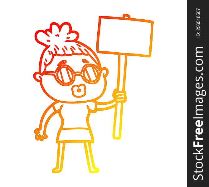 warm gradient line drawing of a cartoon protester woman wearing spectacles