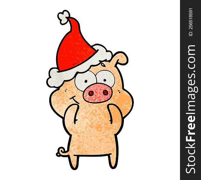 Happy Textured Cartoon Of A Pig Wearing Santa Hat