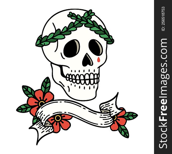 traditional tattoo with banner of a skull with laurel wreath crown