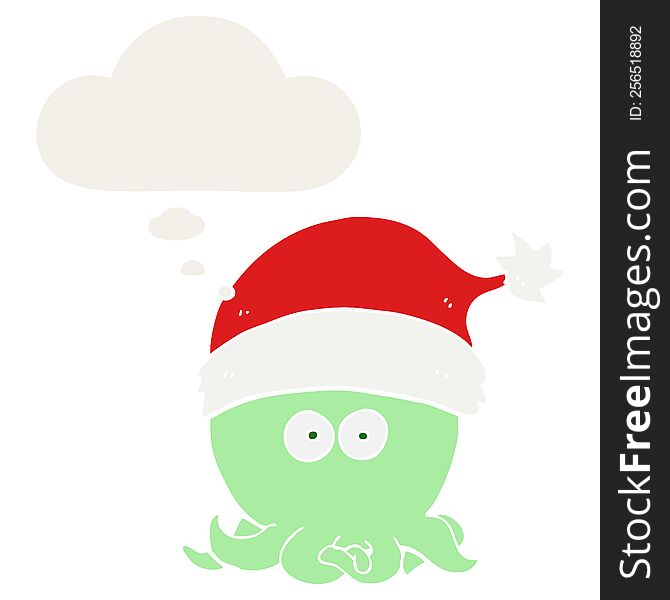 cartoon octopus wearing christmas hat with thought bubble in retro style