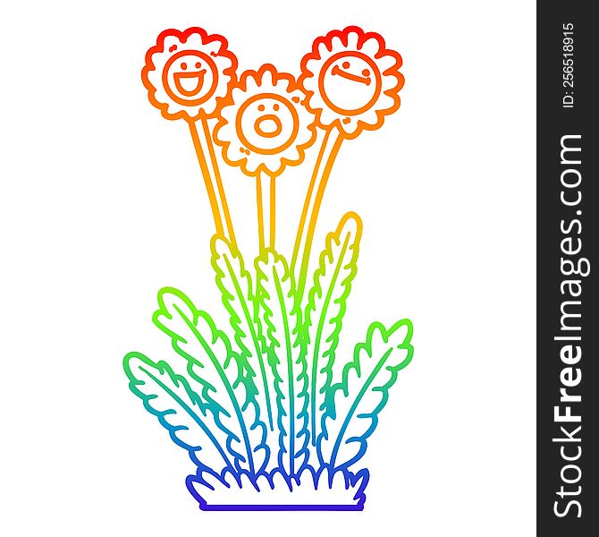 Rainbow Gradient Line Drawing Cartoon Happy Flowers