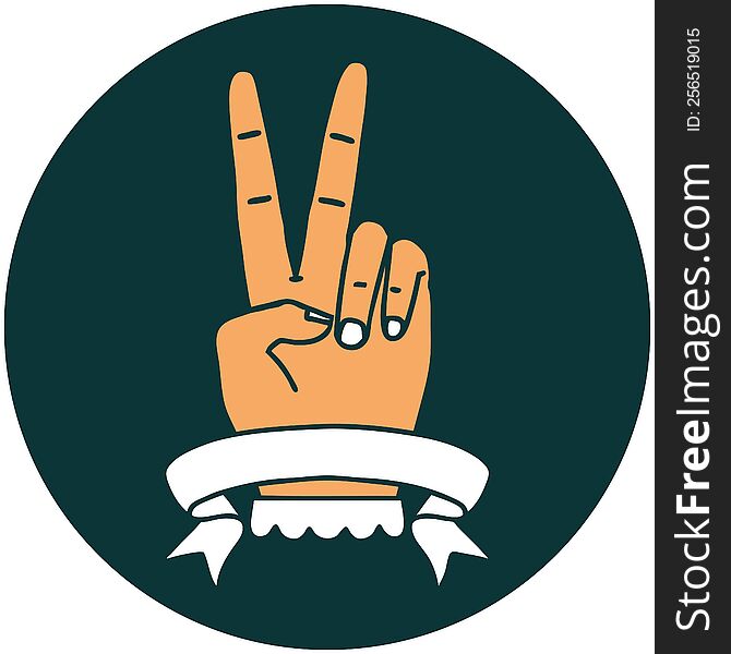 icon of peace two finger hand gesture with banner. icon of peace two finger hand gesture with banner