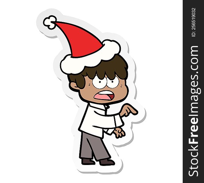 worried hand drawn sticker cartoon of a boy wearing santa hat. worried hand drawn sticker cartoon of a boy wearing santa hat