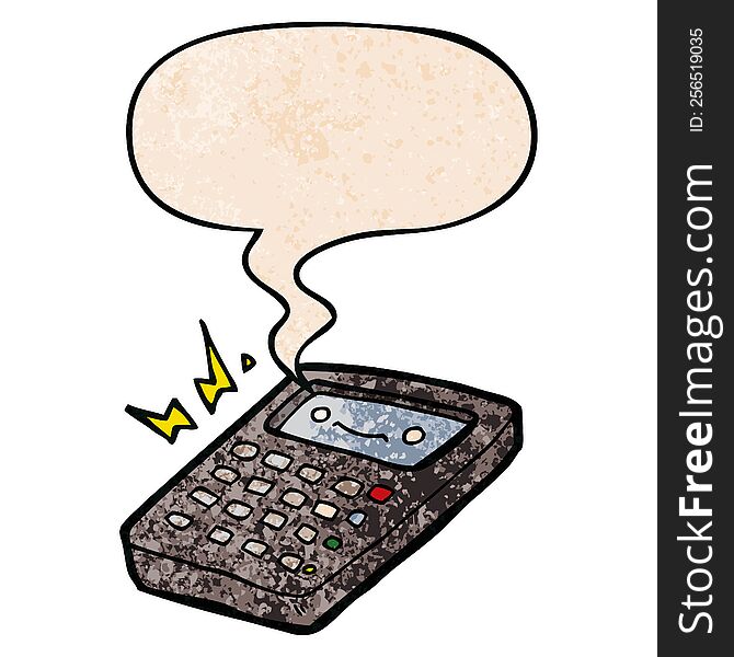 cartoon calculator with speech bubble in retro texture style