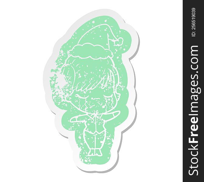 Cartoon Distressed Sticker Of A Woman Crying Wearing Santa Hat