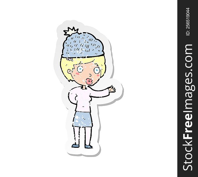 retro distressed sticker of a cartoon woman wearing winter hat