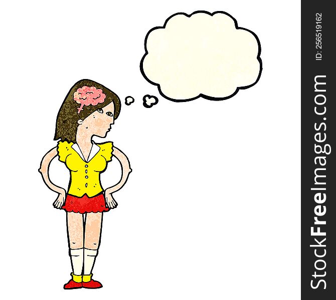 cartoon intelligent woman with thought bubble