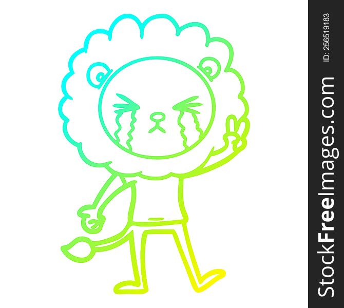 cold gradient line drawing of a cartoon crying lion giving peace sign