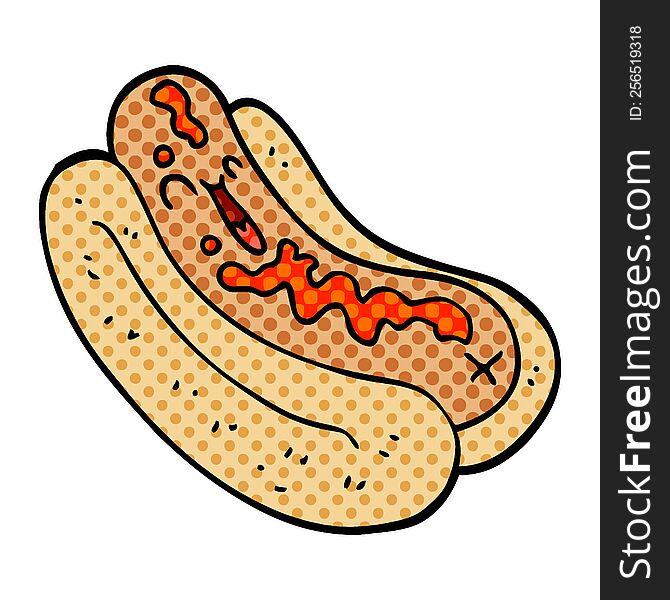 cartoon doodle hotdog in bun with ketchup