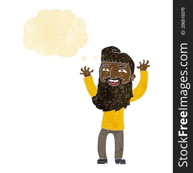 Cartoon Happy Bearded Man Waving Arms With Thought Bubble