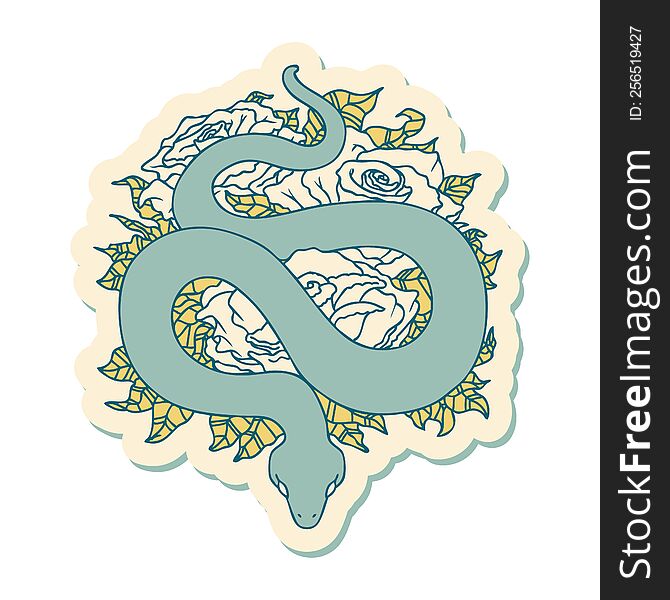 Tattoo Style Sticker Of A Snake And Roses