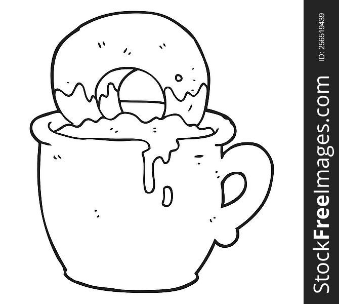 black and white cartoon donut dunked in coffee