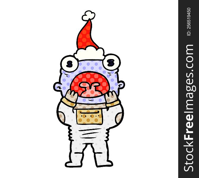 hand drawn comic book style illustration of a alien gasping in surprise wearing santa hat