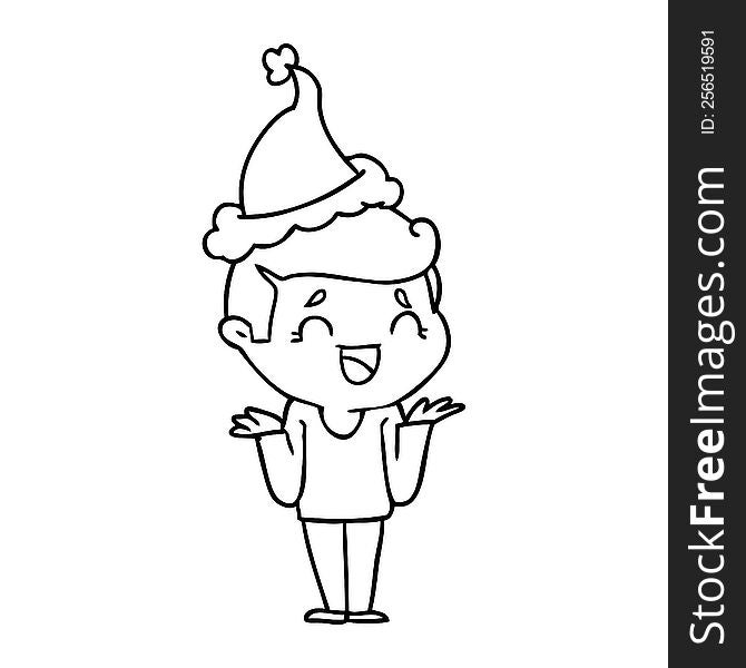 hand drawn line drawing of a laughing confused man wearing santa hat
