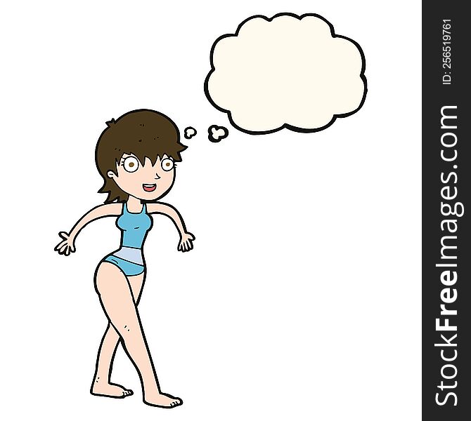 cartoon happy woman in swimming costume with thought bubble