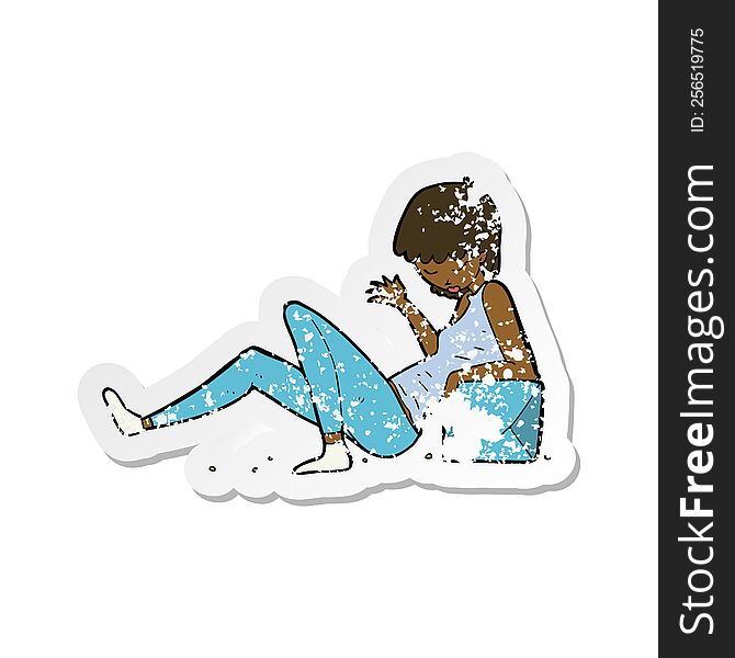 retro distressed sticker of a cartoon woman leaning on package box