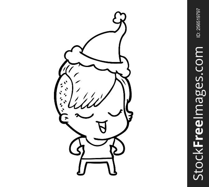 Happy Line Drawing Of A Girl Wearing Santa Hat