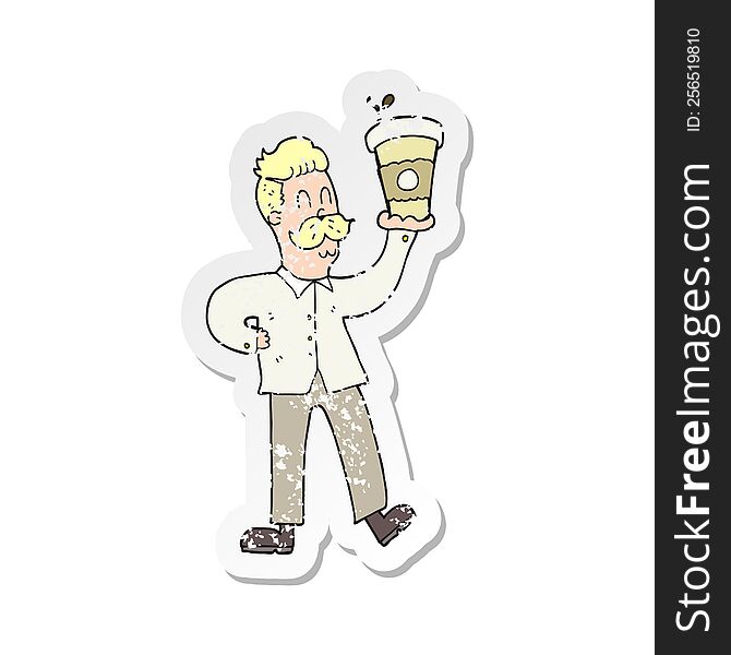 Retro Distressed Sticker Of A Cartoon Man With Coffee Cups