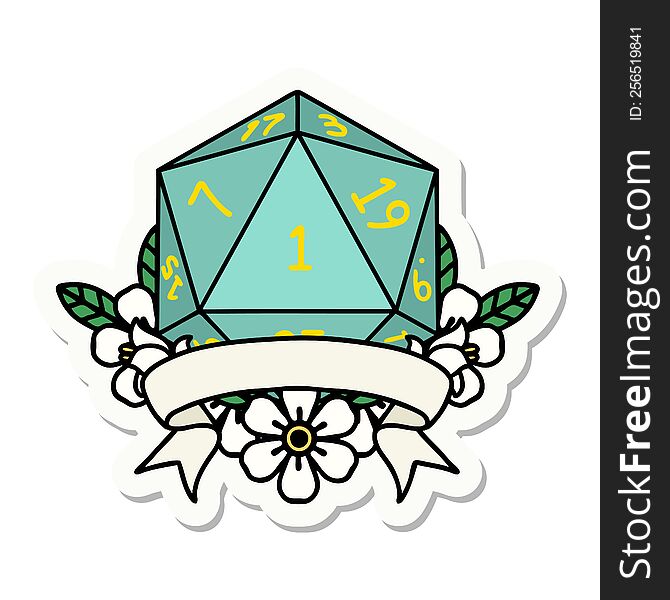 sticker of a natural one d20 dice roll. sticker of a natural one d20 dice roll