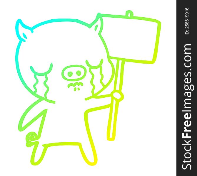 Cold Gradient Line Drawing Cartoon Crying Pig With Sign Post