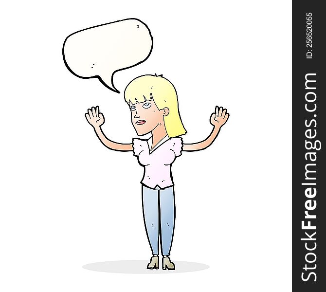 cartoon woman throwing hands in air with speech bubble