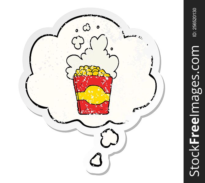 cartoon popcorn and thought bubble as a distressed worn sticker